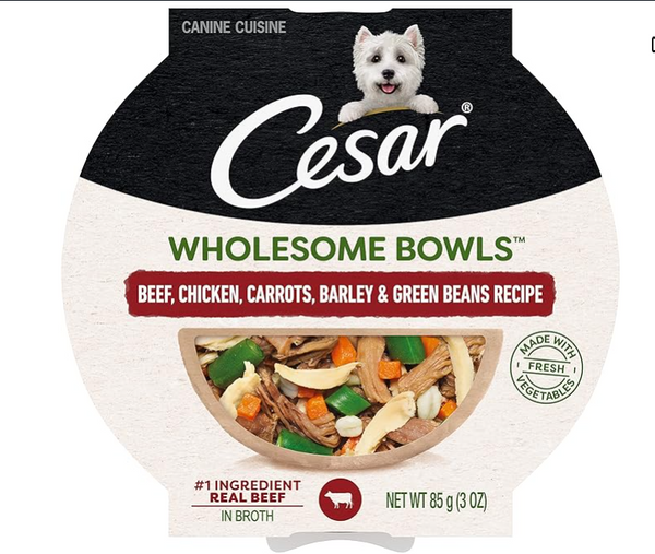 CESAR WHOLESOME BOWLS Adult Soft Wet Dog Food Variety Pack, Beef, Chicken, Carrots, Barley & Green Beans Recipe and Chicken, Apple & Sweet Potato Recipe, (6) 3 oz. Bowls